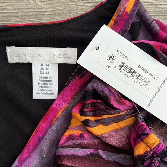 LONDON TIMES Twist Front Midi Dress Plus Size 14 Colorful Printed 80s Art Retro - Picture 2 of 10